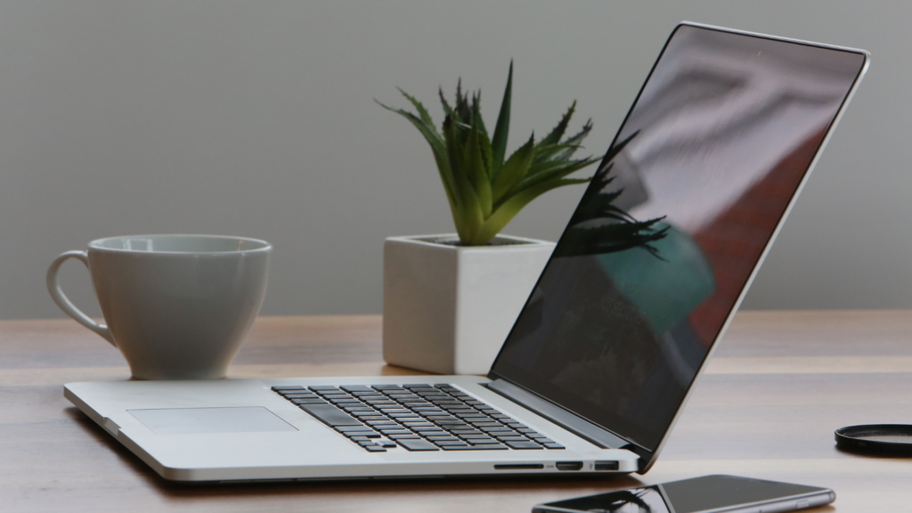 White coffee cup, aloe vera plant and a laptop